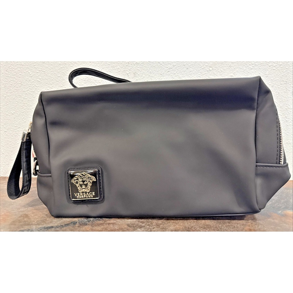 NWOT Versace Parfums Black Double Zip Toiletry Travel Bag Greek Key Strap
